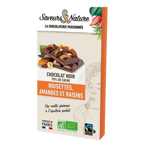 Solution pour le jardin:Chocolat noir mendiants amandes, noisettes et raisins bio Saveurs et Nature - 100 g