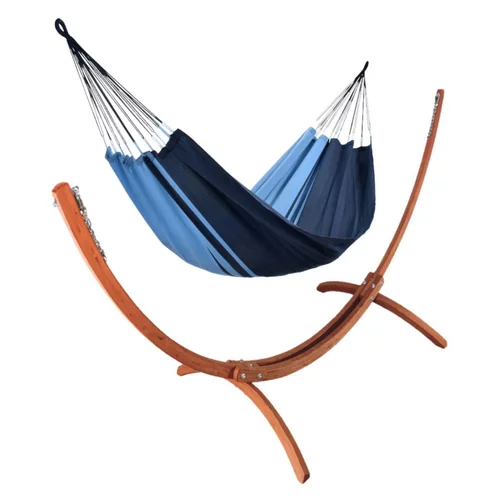 Jardin & solutions：Set support et hamac Weekend coloris bleu Caraïbes en bois et polypropylène certifié FSC® Jobek Hamacs - 350 x 125 x 136,5 cm