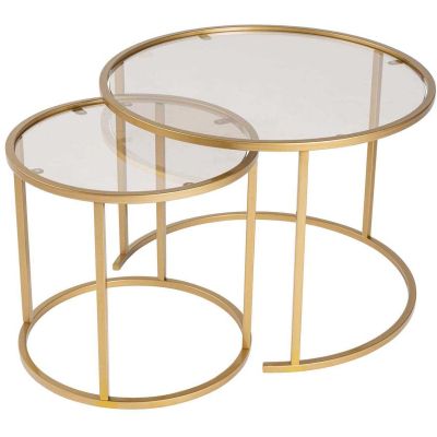 Ensemble de 2 tables gigognes rondes en métal et verre Aurum (Doré avec verre bronze)