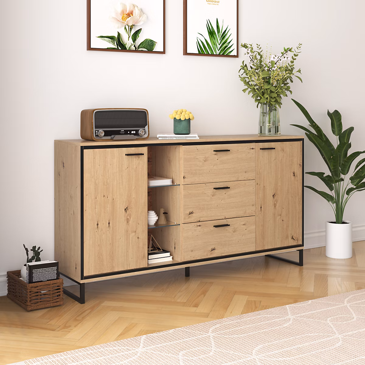 Buffet moderne 3 tiroirs et 2 portes – noir et bois avec compartiments de rangement, alliant style et fonctionnalite