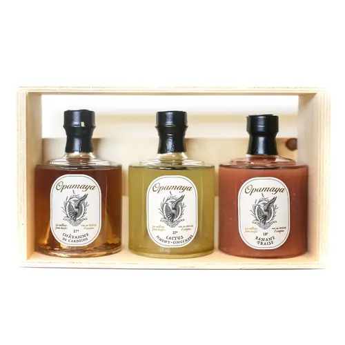 Idéal au jardin:Coffret en bois à offrir avec 3 bouteilles de rhum Opamaya – 3 x 25 cl