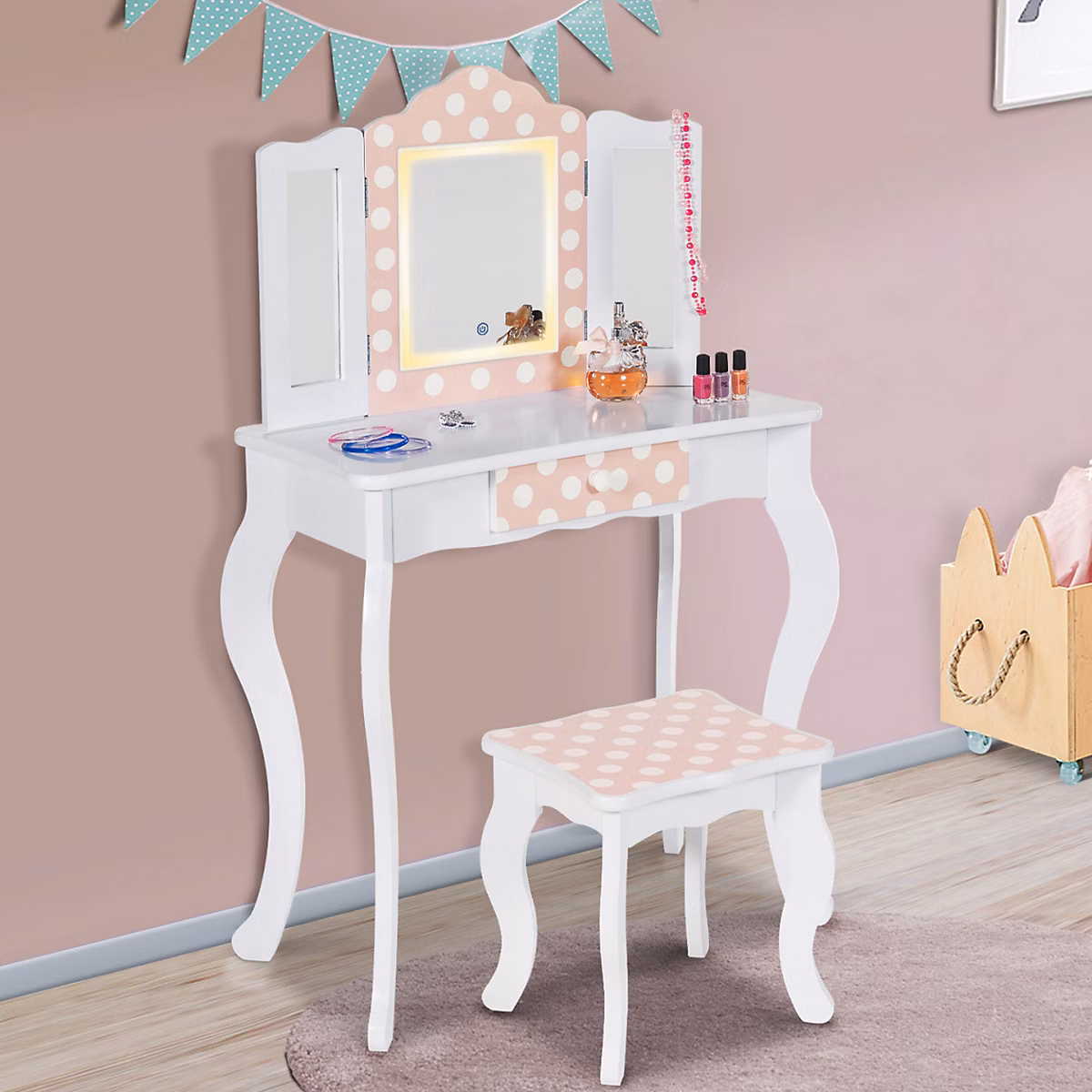Meuble – Coiffeuse enfant ROZA LED blanche et rose avec 3 miroirs et tabouret