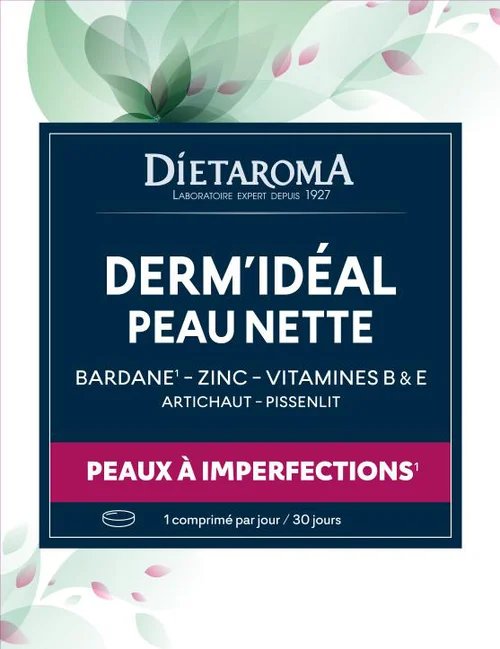 Style extérieur:Complément alimentaire zinc, bardane peau nette Dietaroma Dermidéal - 30 comprimés