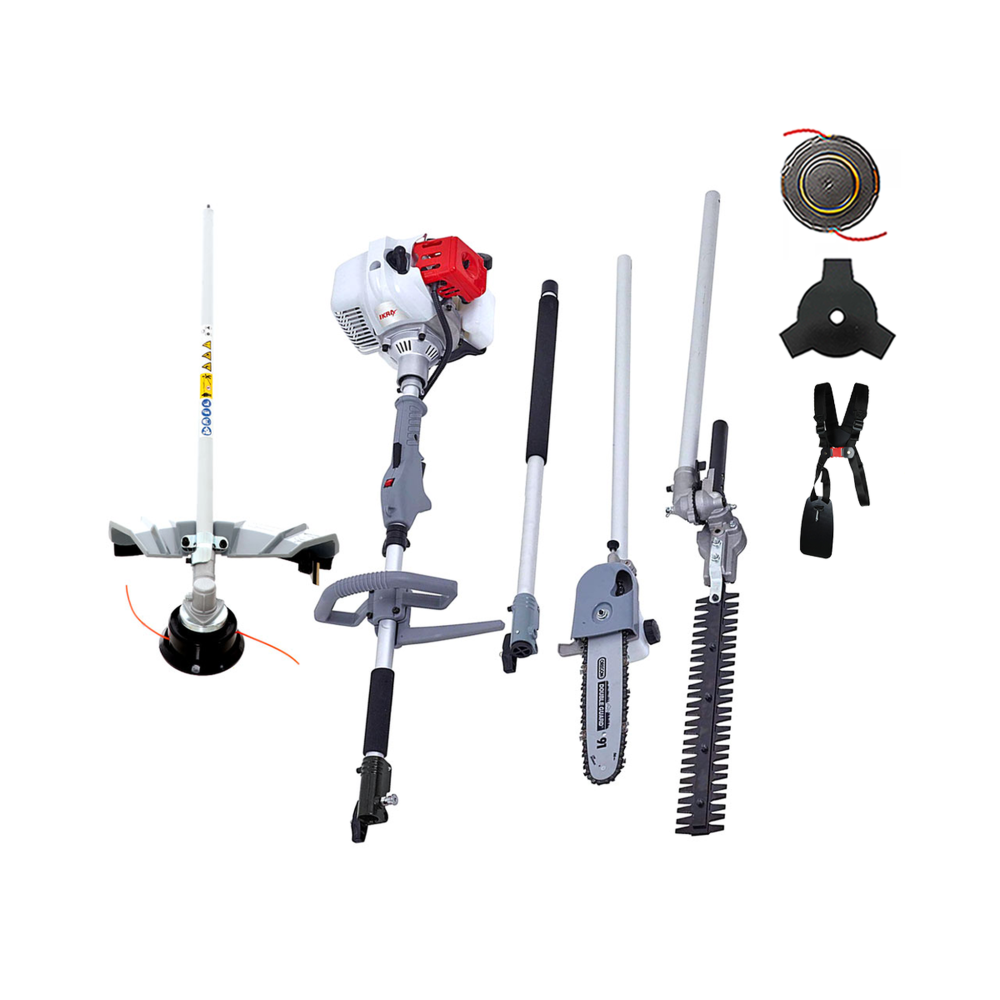 Ikra Outils de jardin multifonction thermique 4en1 taille haie + élagueuse + débroussailleuse (lame et bobine) harnais confort ikra