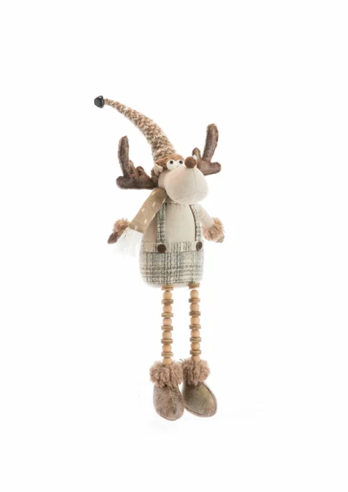 Le petit plus pour l’extérieur:Renne assis garçon en tissu avec tartan beige - 20 x 15 x 61 cm