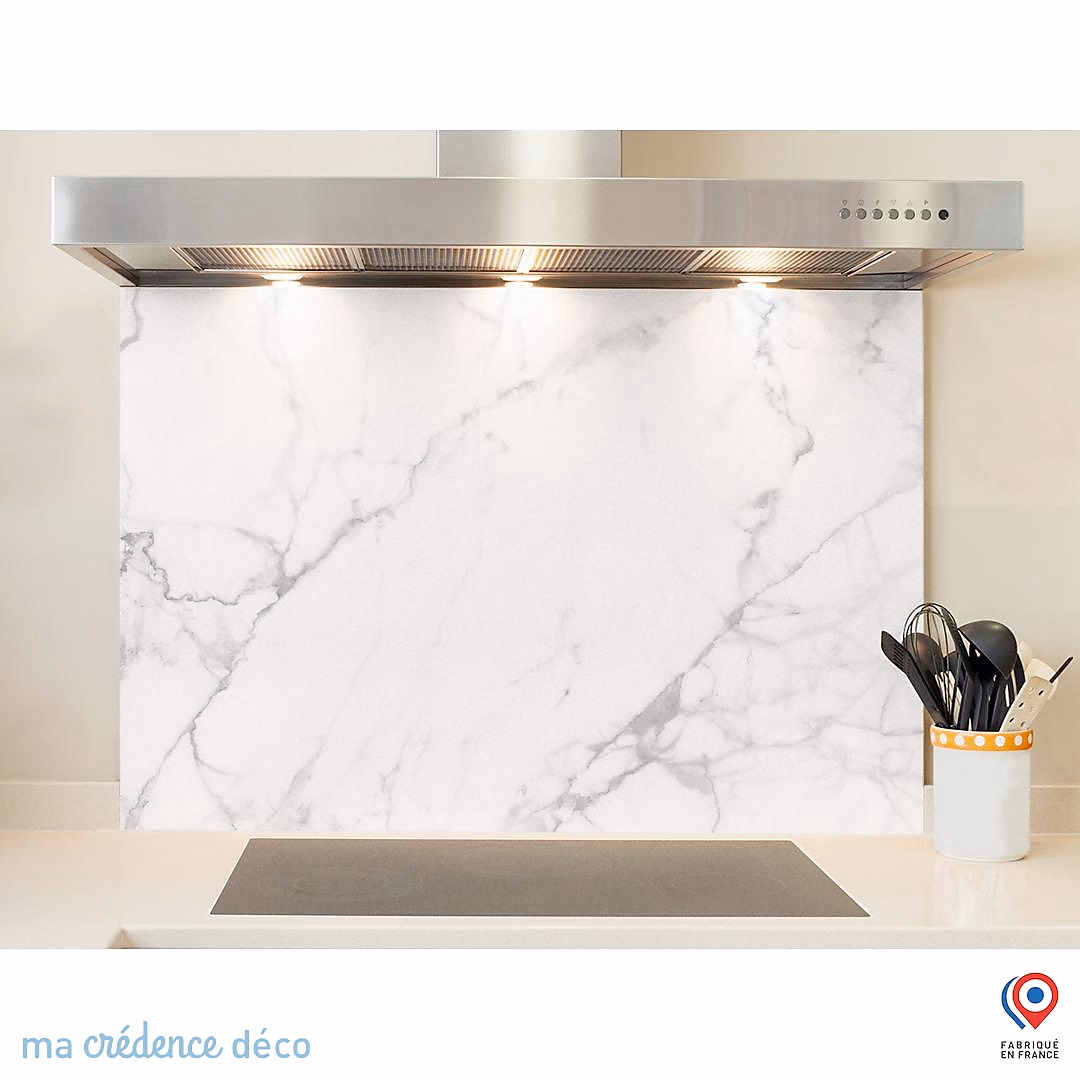 Crédence cuisine fond de hotte Marbre blanc 2 – Verre trempé, L 90 cm x H 50 cm, MaCrédenceDéco