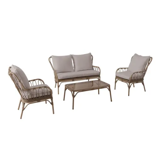 Pratique au jardin:Salon de jardin en aluminium coloris taupe Linho - 4 éléments (canapé, table basse et deux fauteuils)
