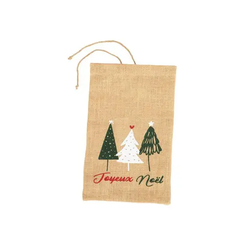 Essentiel nature：Pochette cadeau en jute décor sapins vert et blanc - 25 x 40 cm