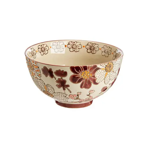 Extérieur loisirs：Coffret 4 coupelles en grès beige à fleur pourpre Kiyo - Ø 11 x H 6,5 cm
