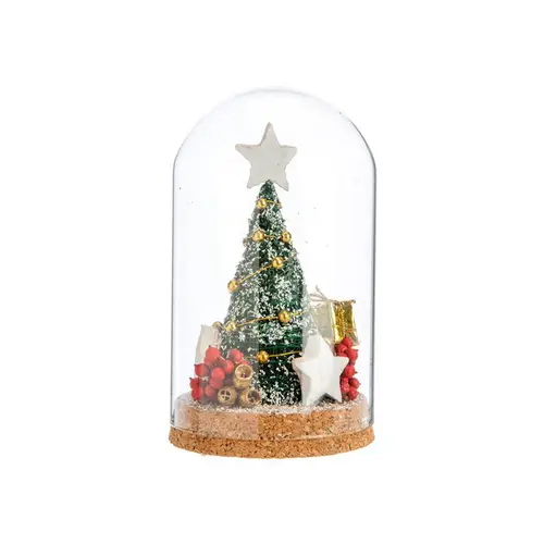 Jardin nature:Sapin de Noël décoré vert, or, rouge sous cloche à poser - 25 cm