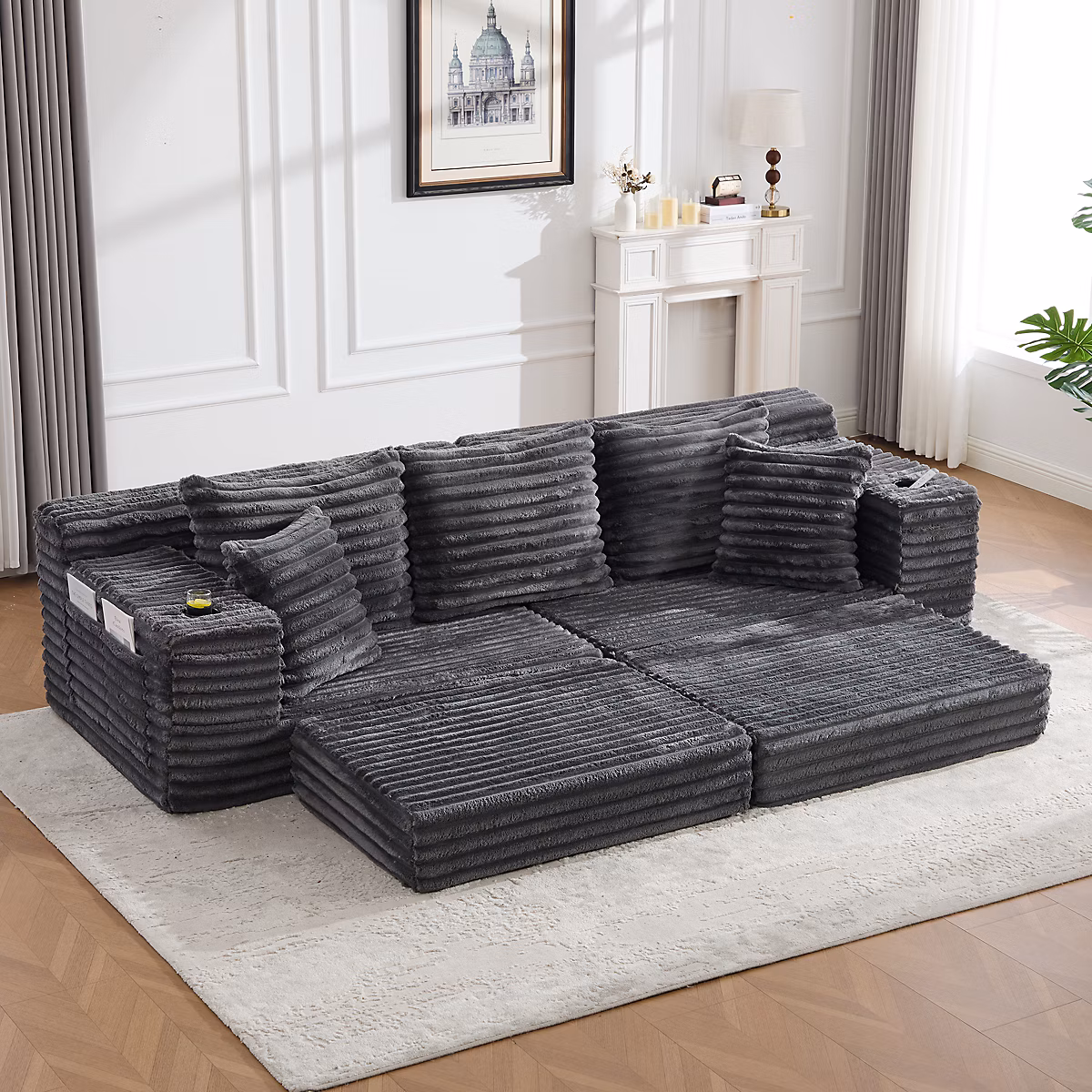 Canapé convertible 4 places – 273cm, velours côtelé, poches des deux côtés et porte, gobelets, canapé 4 places, canapé lit, Gris foncé