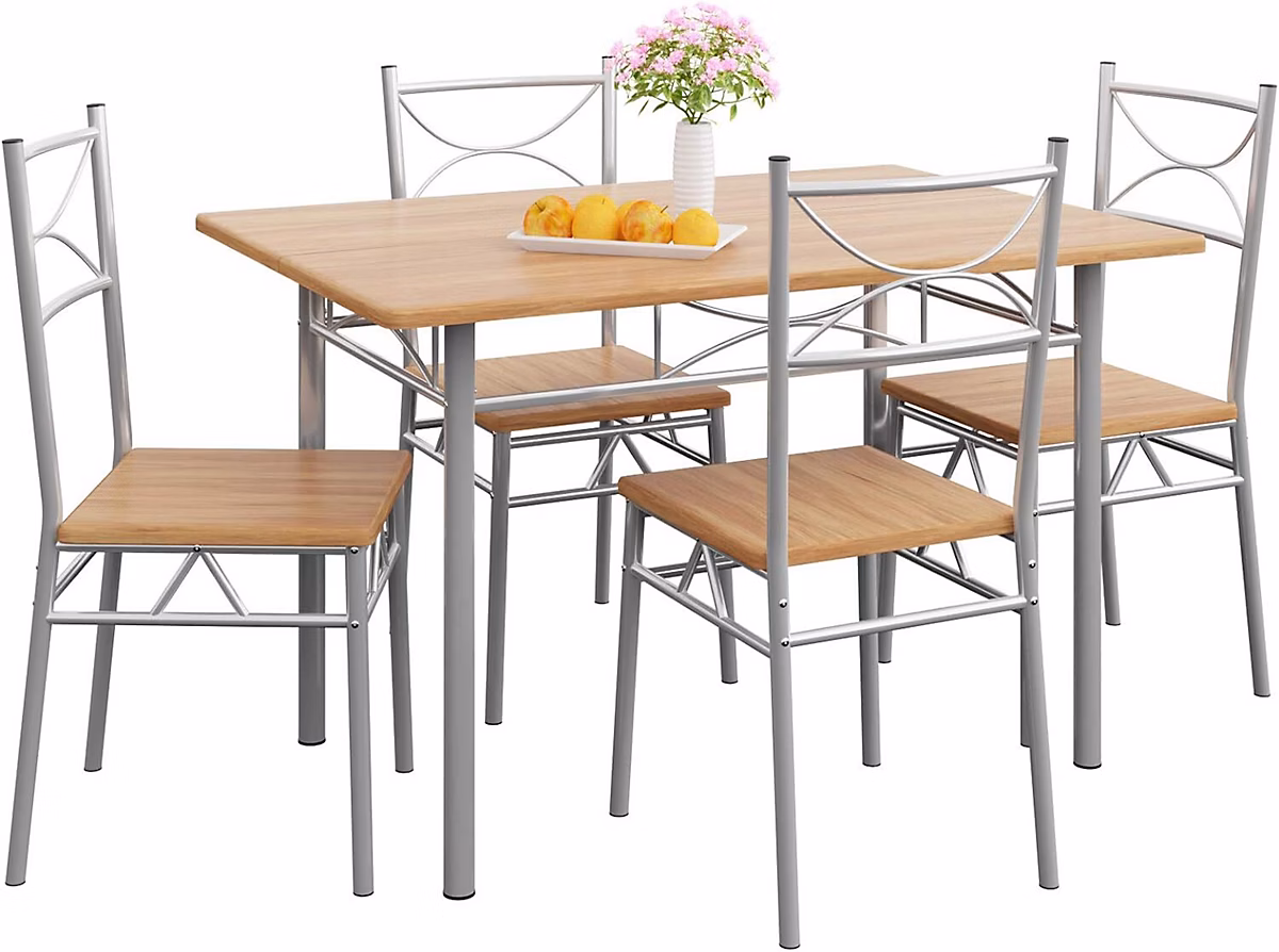 Ensemble de Table à Manger Hêtre – 5 pièces, 1 Table, 4 Chaises Métal Laqué, Cuisine Salle à Manger Séjour Salon