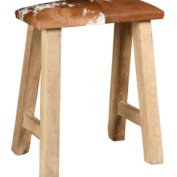 Tabouret rectangle en bois recyclé et peau de vache