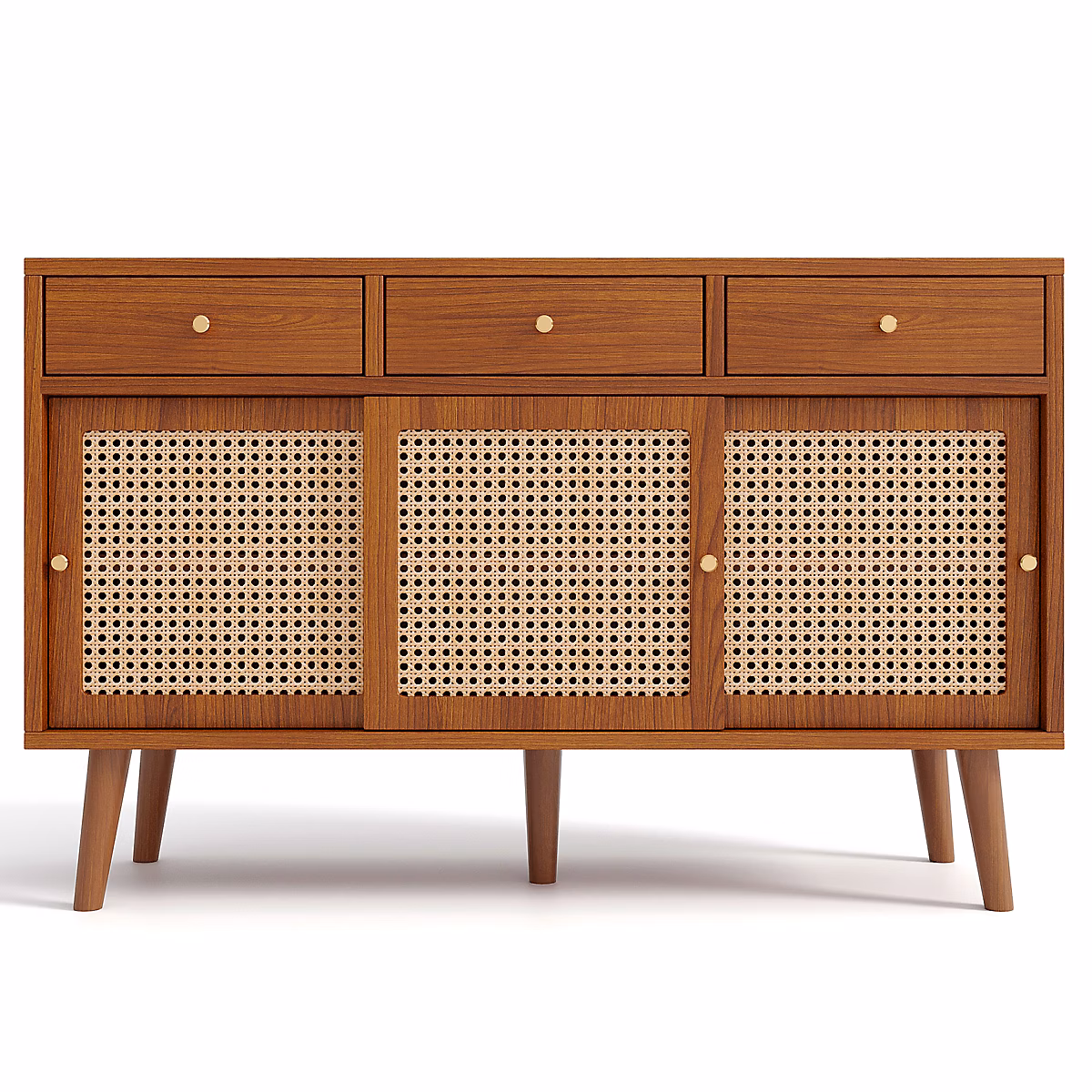 Buffet effet noyer vintage 3 tiroirs et 3 portes en rotin – Réf. XIHWYLVTA6967939812