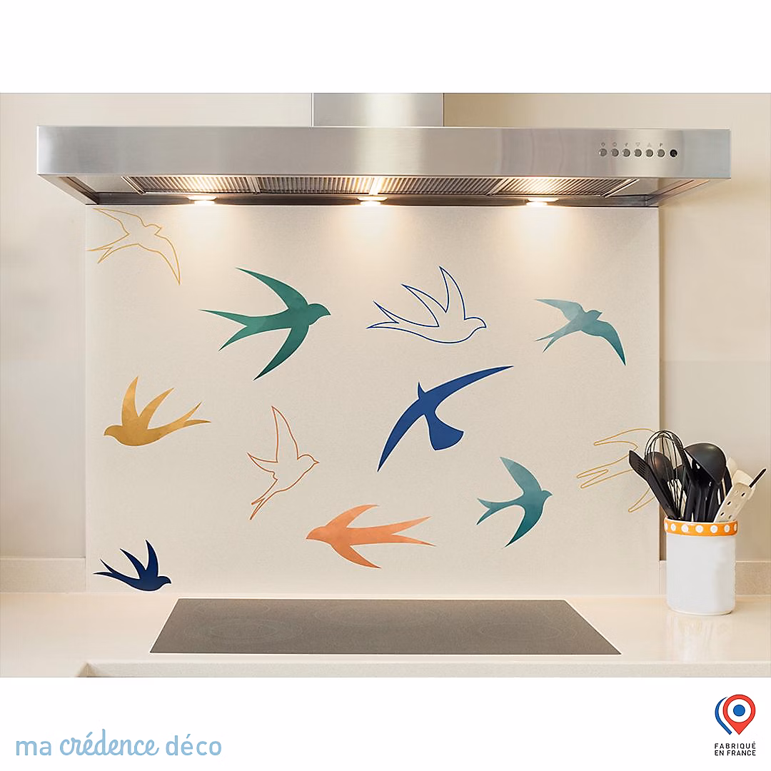 Crédence cuisine fond de hotte Oiseaux aquarelles – Verre trempé, L 90 cm x H 60 cm, MaCrédenceDéco