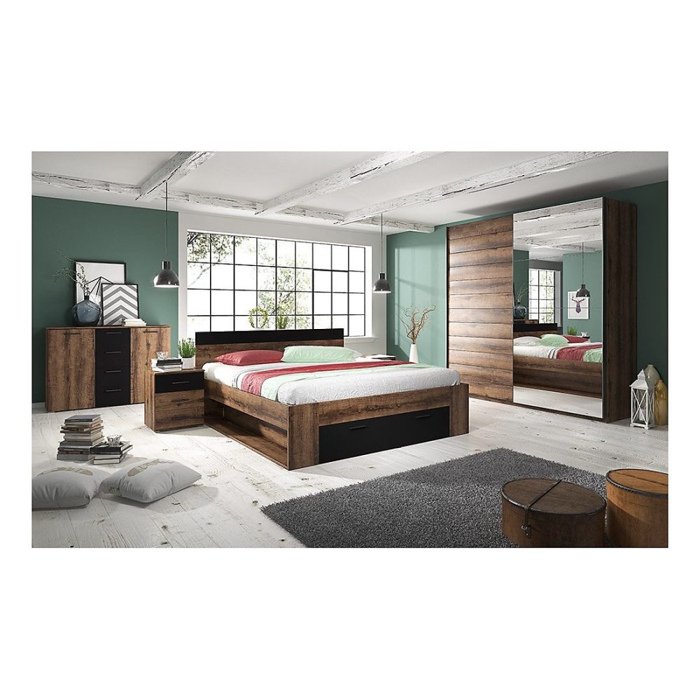 Chambre à coucher EOS : Armoire 220 × 210 – Lit 160, commode, chevets. Couleur chene foncé et noir