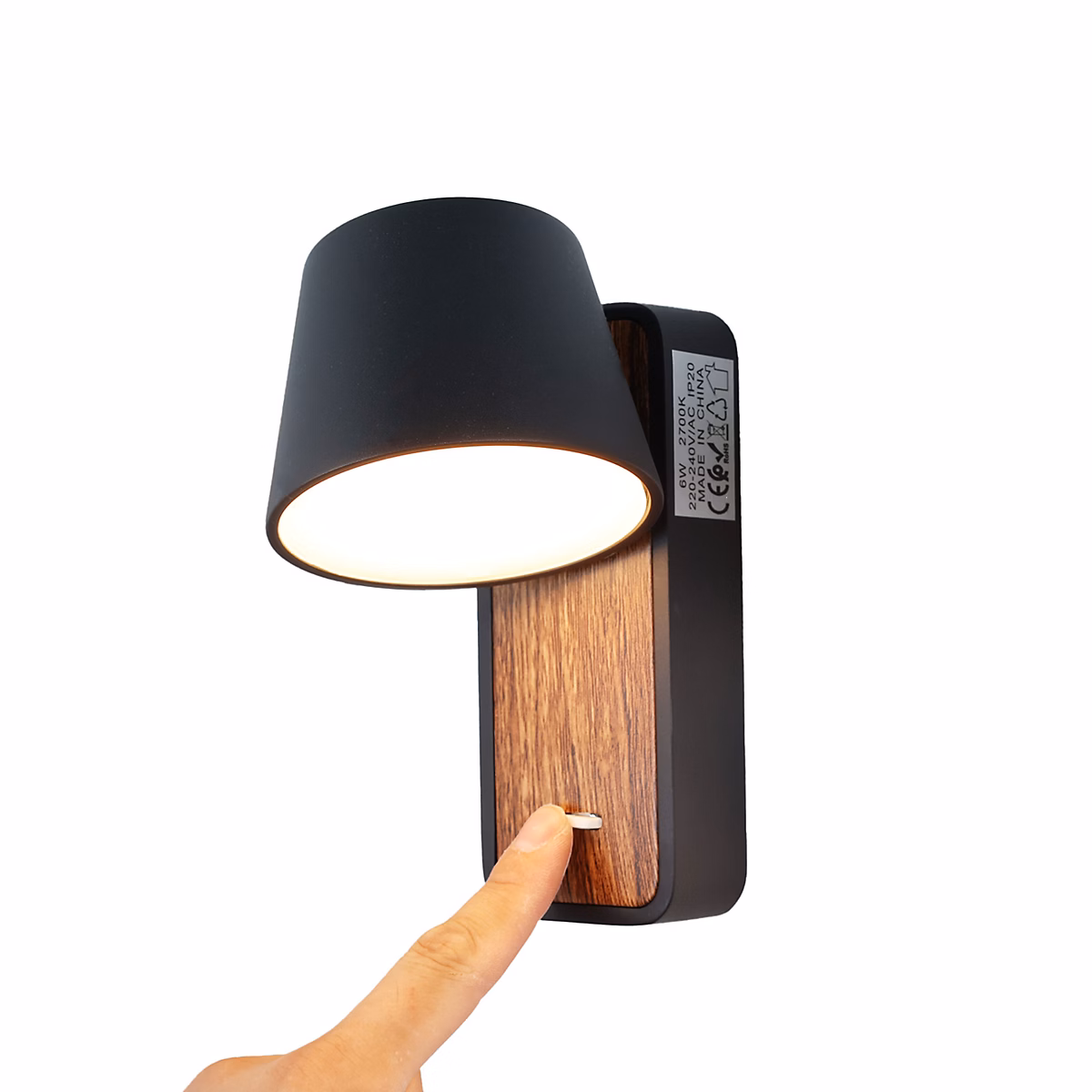 Applique Murale avec Projecteur LED 6W Orientable et Interrupteur Métal Noir et Bois pour Table de Nuit – Idéal pour Cha