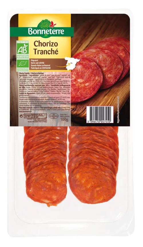 Idée utile:Chorizo d’Espagne en tranches Bonneterre bio 100 g