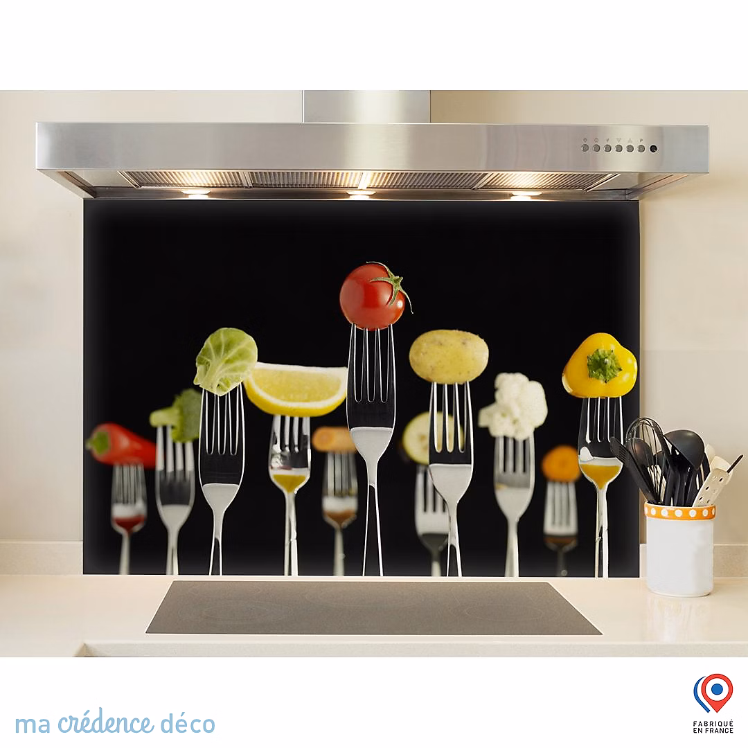 Crédence cuisine fond de hotte fourchettes et aliments 2 – Verre trempé | L 60 cm x H 45 cm | MaCrédenceDéco