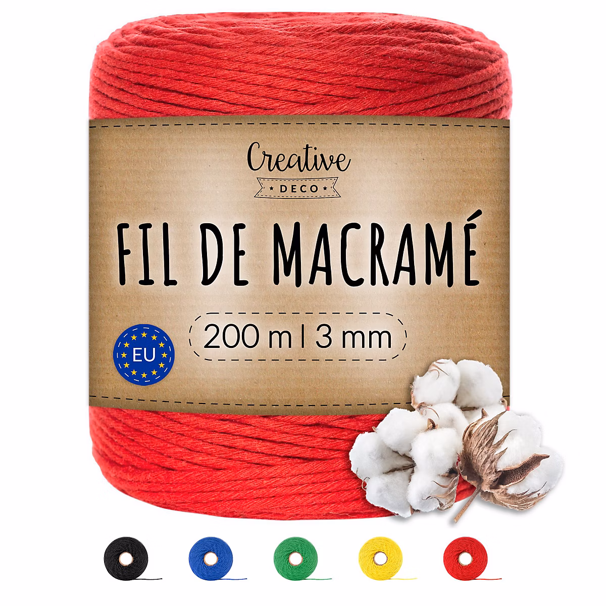 Creative Deco 3mm x 200m Corde Macramé Rouge – Fil de Coton et Polyester, +/- 0.5 mm Épaisseur, Decoration Jardinage Emballage