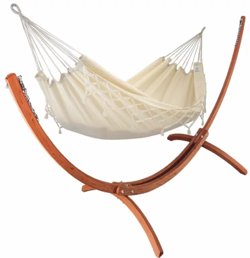 Essentiel extérieur：Set support et hamac Weekend coloris écru à franges en bois et polypropylène Jobek Hamacs - 350 x 125 x 136,5 cm