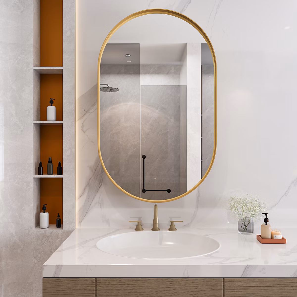 Armoire à miroir ovale dorée avec cadre métal – armoire murale à étagères réglables, rangement salle de bain, salon ou chambre