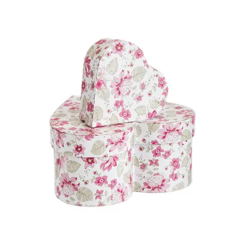 Extérieur confort:Boîtes forme cœur en papier à décor floral rose et gris - les 2 boîtes