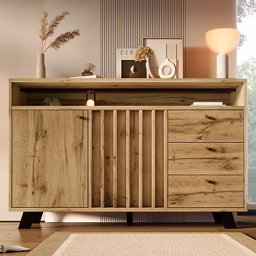 Buffet avec 3 tiroirs et 2 portes – style rétro, avec des étagères ouvertes, chêne foncé