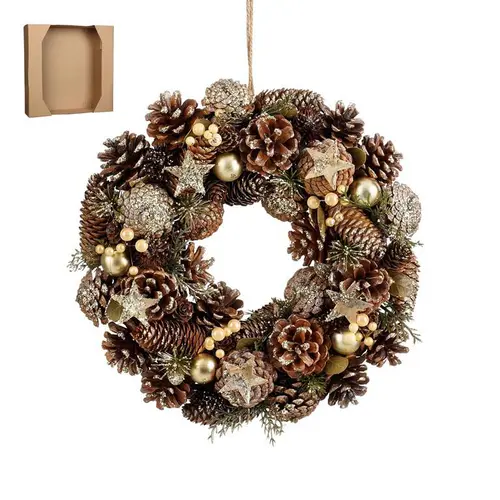Le bon choix pour l’extérieur：Couronne sapin et pommes de pin dorée Brant - Ø 34 x H 9 cm