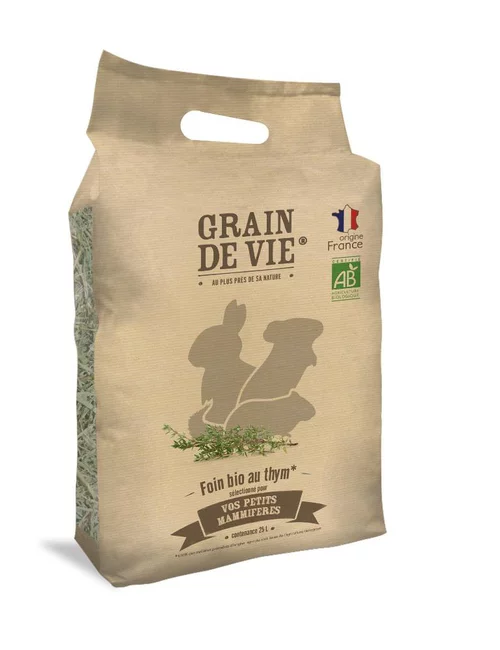 Pour la vie au jardin:Foin bio au thym pour petits mammifères Grain de vie - 25 L