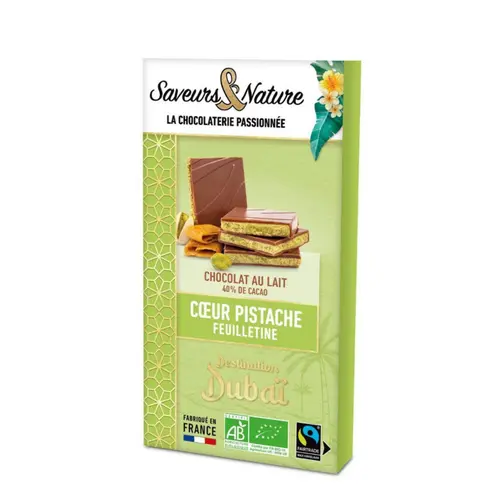 Jardin malin:Tablette chocolat au lait fourrée pistache et feuilletine bio Saveurs et Nature - 90 g