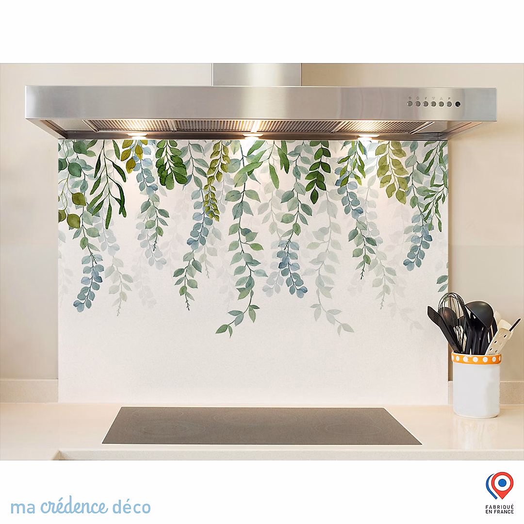 Crédence cuisine fond de hotte Dessin Végétation 8 – Verre trempé, L 90 cm x H 50 cm, MaCrédenceDéco