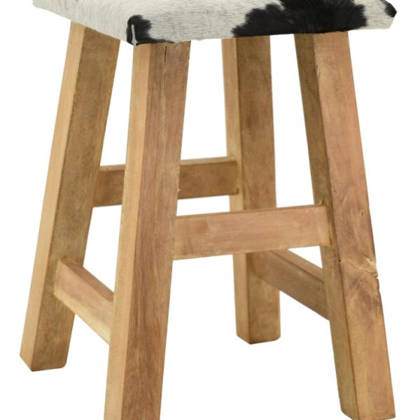 Tabouret carré en bois recyclé et peau de vache