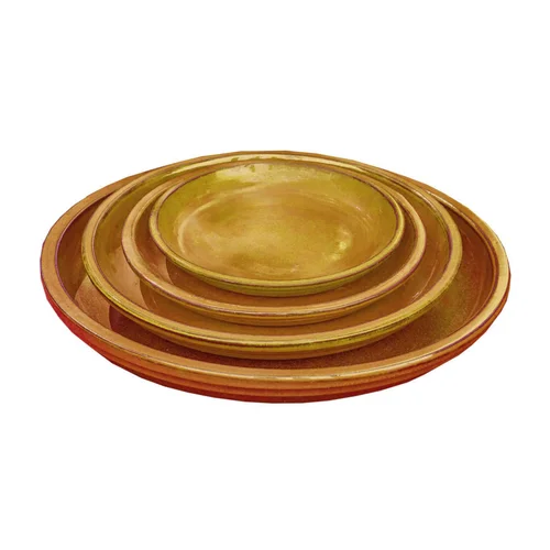 Simple pour le jardin：Soucoupe en terre cuite émaillée jaune miel Poterie du Bousquet Costa - Ø 38 x H 3,8 cm