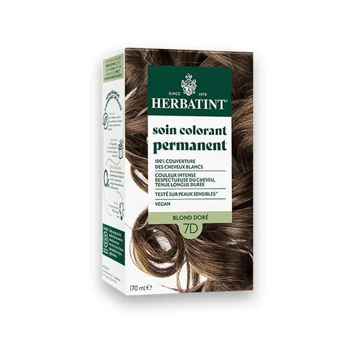 Idée nature：Coloration permanente pour cheveux blond doré 7D aux extraits végétaux biologiques vegan Herbatint - 170 ml