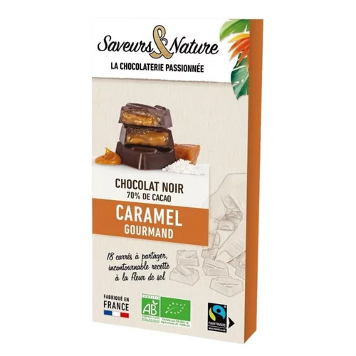 Pour valoriser vos extérieurs:18 carrés fourrés caramel enrobés de chocolat noir bio Saveurs et Nature - 80 g