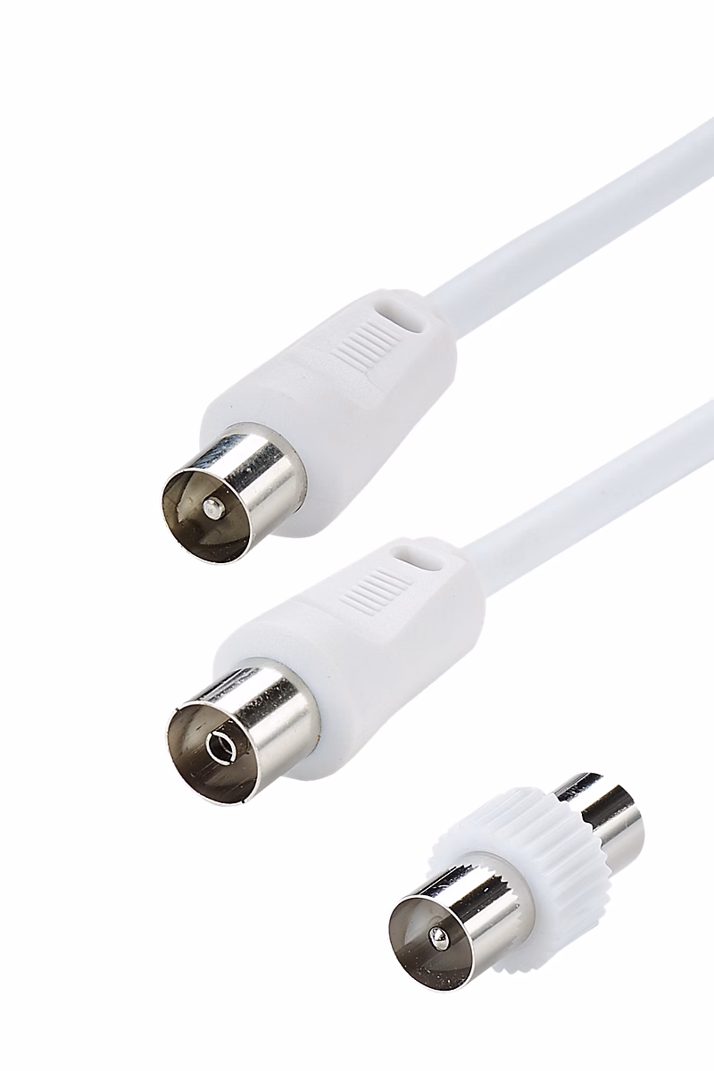 Cordon TV 9.52 mm mâle / TV 9.52 mm femelle + adaptateur TV 9.52mm mâle / mâle – blanc connecteurs plaqués nickel 10 m, Erard