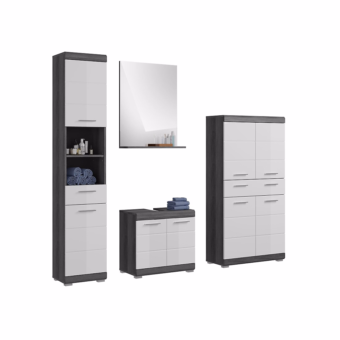 Ensemble salle de bain SCOTT Meuble sous vasque | miroir – meuble de rangement et colonne Gris foncé et blanc
