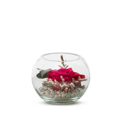 Déco au jardin:Verrine de végétaux stabilisés rose rouge et eucalyptus Naturalys Venezia 13 - Ø 13 x H 13 cm
