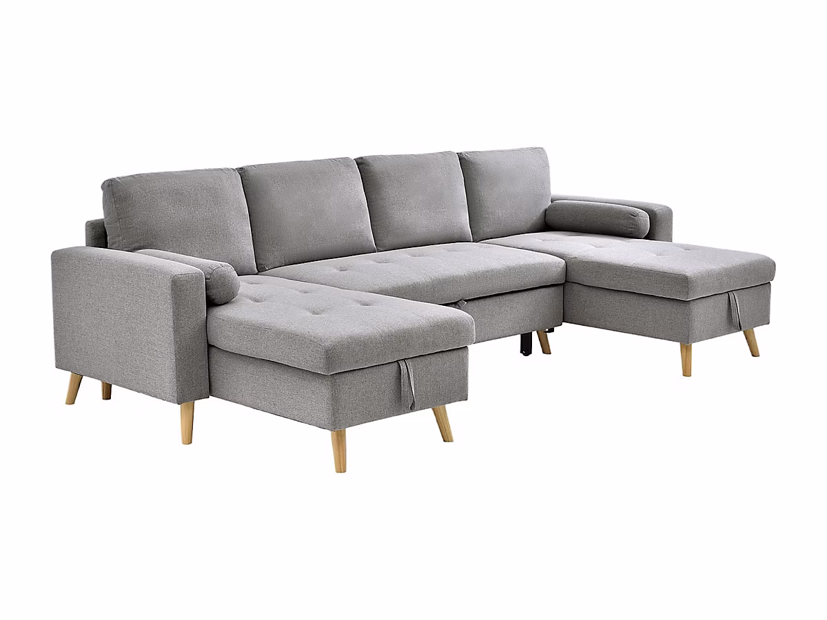 Canapé d'angle panoramique convertible en tissu gris clair KORI – Réf. BMUARALRE6278333577