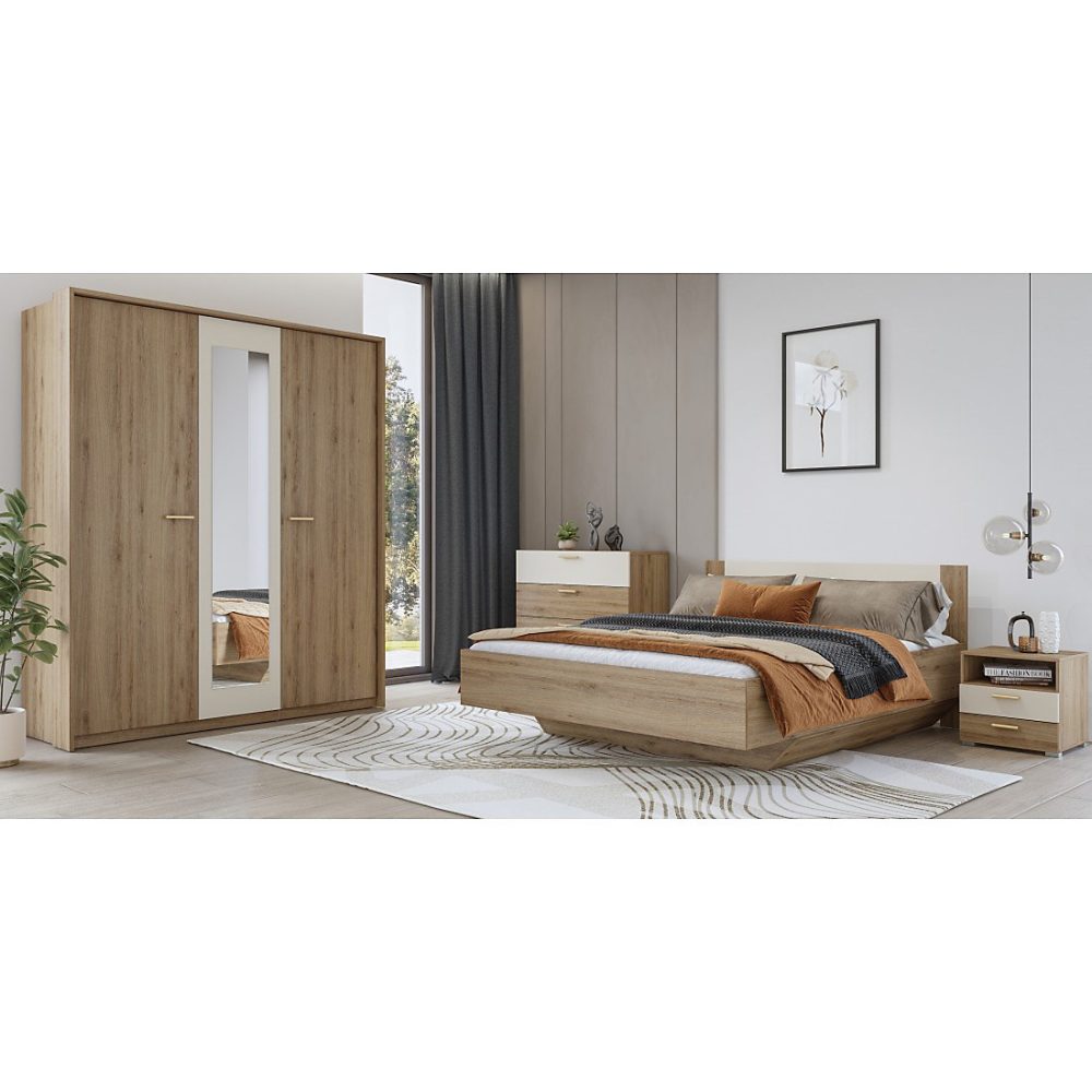 Chambre complète VERTIGO Lit 180 × 200 avec sommier – 2 chevets, armoire 3 portes, commode et cadre design