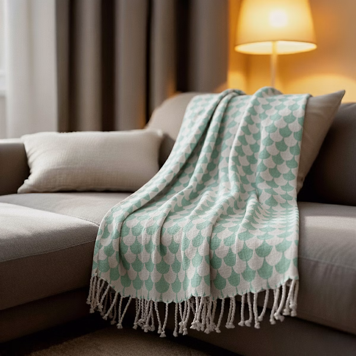 Couverture plaid en coton 100% vert à franges – DROPALL, SACASA