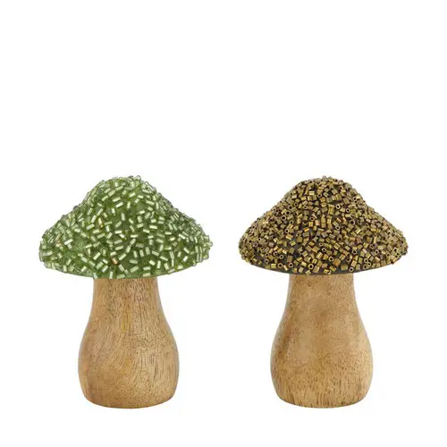Idée extérieur：Champignon en bois de manguier avec chapeau en perles - Ø 5,5 x 8 cm
