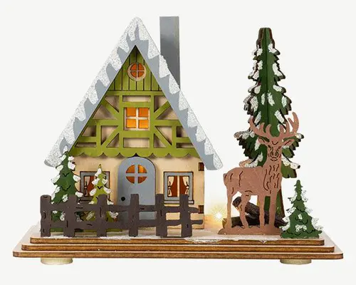 L’allié de vos extérieurs：Scénette chalet en bois vert et marron avec renne à 2 LED blanc chaud sur piles - 16 x 9,5 x 12 cm
