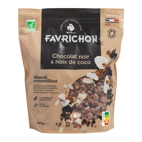 Pour votre jardin:Muesli bio croustillant chocolat noir et noix de coco - 450 g