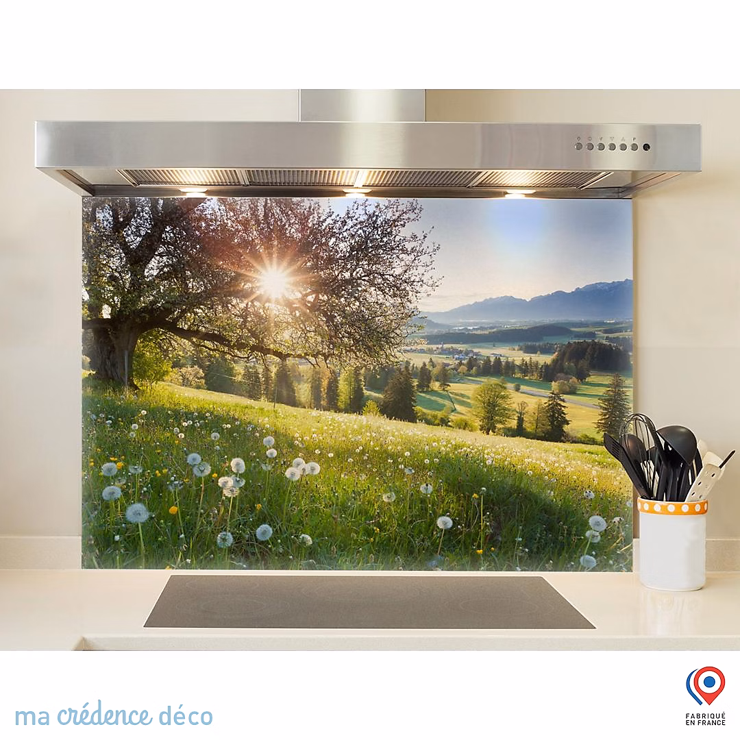 Crédence cuisine fond de hotte Paysage nature et soleil – Verre trempé, L 60 cm x H 45 cm, MaCrédenceDéco