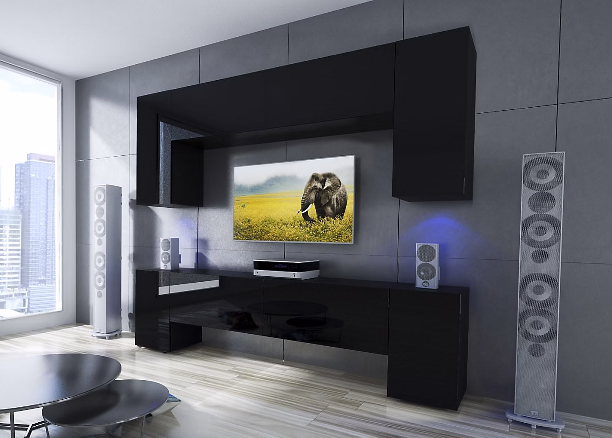 Ensemble meuble TV NEXT 33 AN33 – 17B, HG20, 1B noir brillant 256 cm