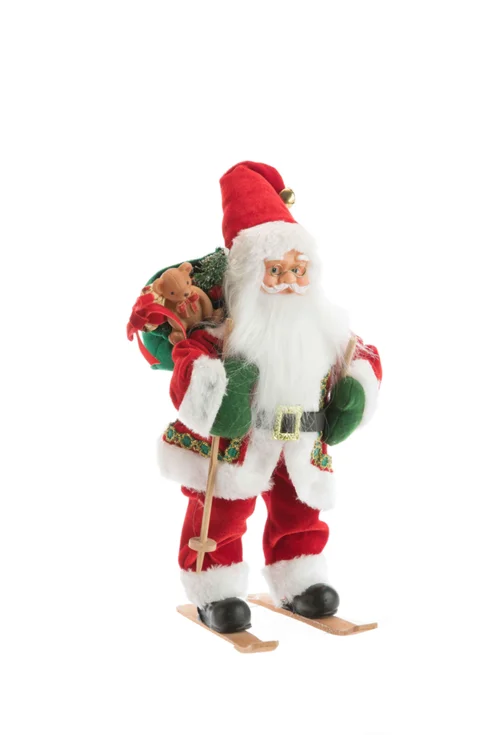 Pour tous jardins:Père Noël traditionnel en tissu rouge et vert sur skis - 30 cm