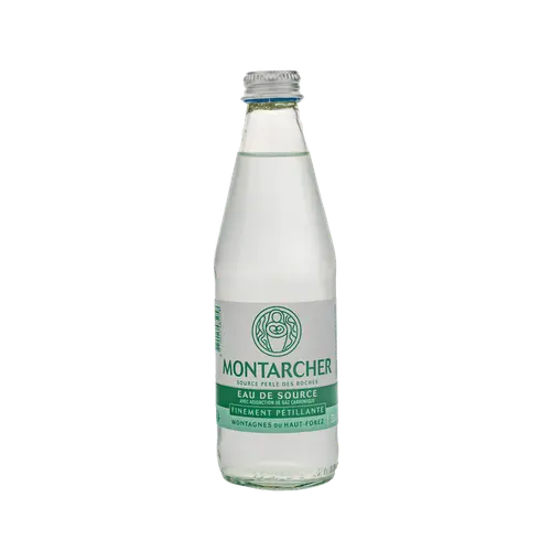 Pour votre espace vert：Eau de source pétillante en bouteille de verre Montarcher - 33 cl