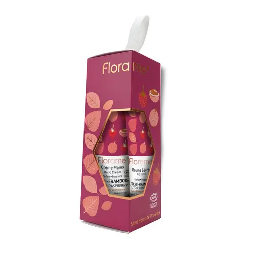 Jardin complet:Coffret duo crème mains et baume teinté pour les lèvres litchi framboise Florame - les 2 pièces